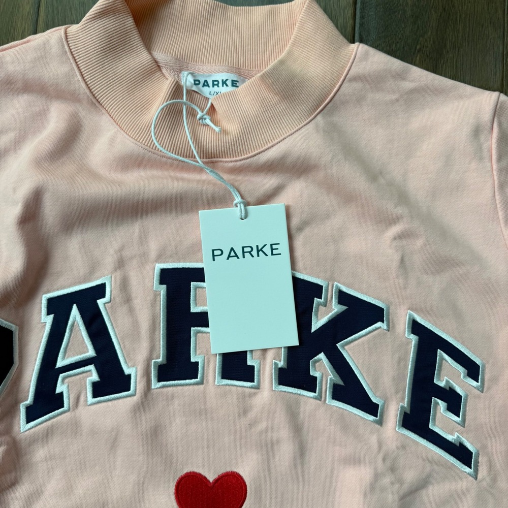 Parke Valentine's Day Varsity Mockneck sweatshirt pink "PARKE" small heart - Picture 3 of 7